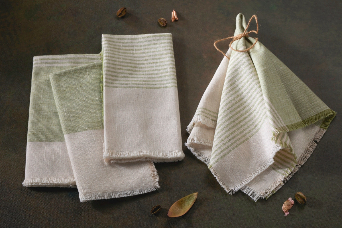 Cuisine Stripe Dinner Napkins - Set Of 4- 100% Cotton - Green